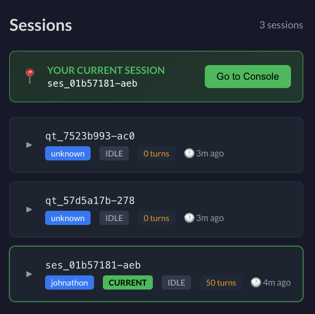 Session list showing active AI coding sessions with status indicators